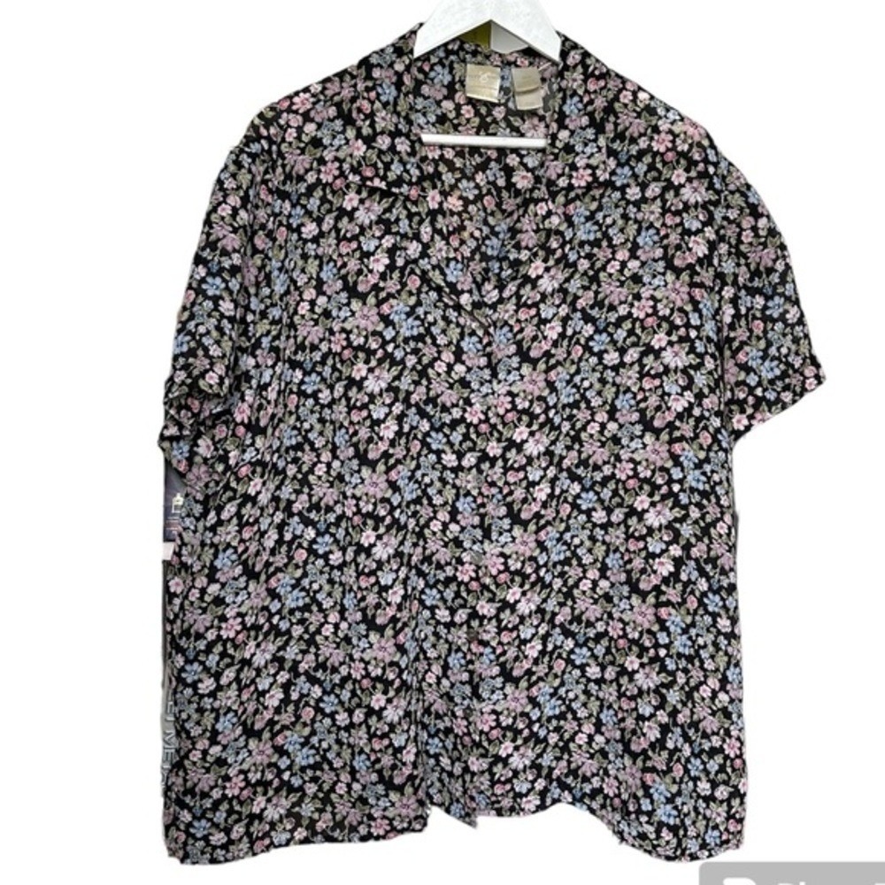 Emma James Black Floral Short Sleeve Button Up Plus Size Womens 20W Cottagecore